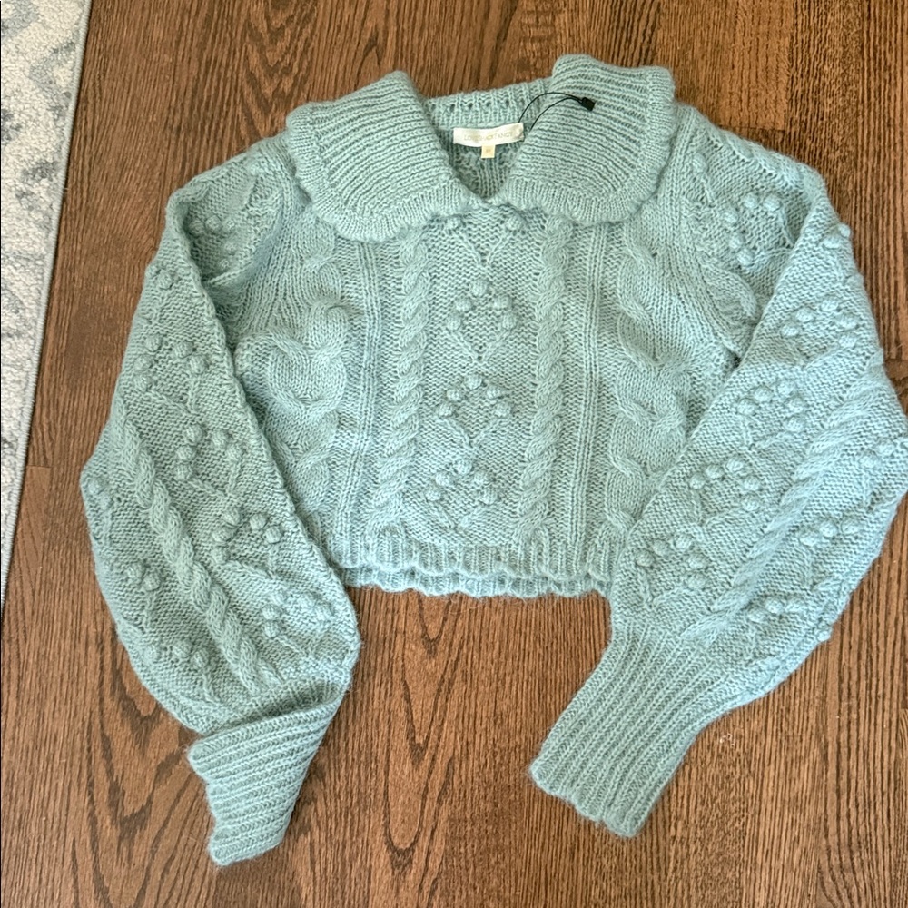 Love Shack Fancy Cable Knit Cropped Sweater in Light Blue